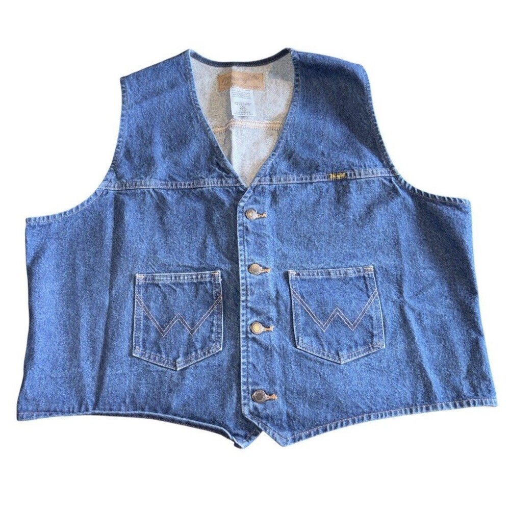 Vintage Wrangler Denim Vest Mens 2XL XXL Dark Wash Blue Western Cowboy Sleeveles